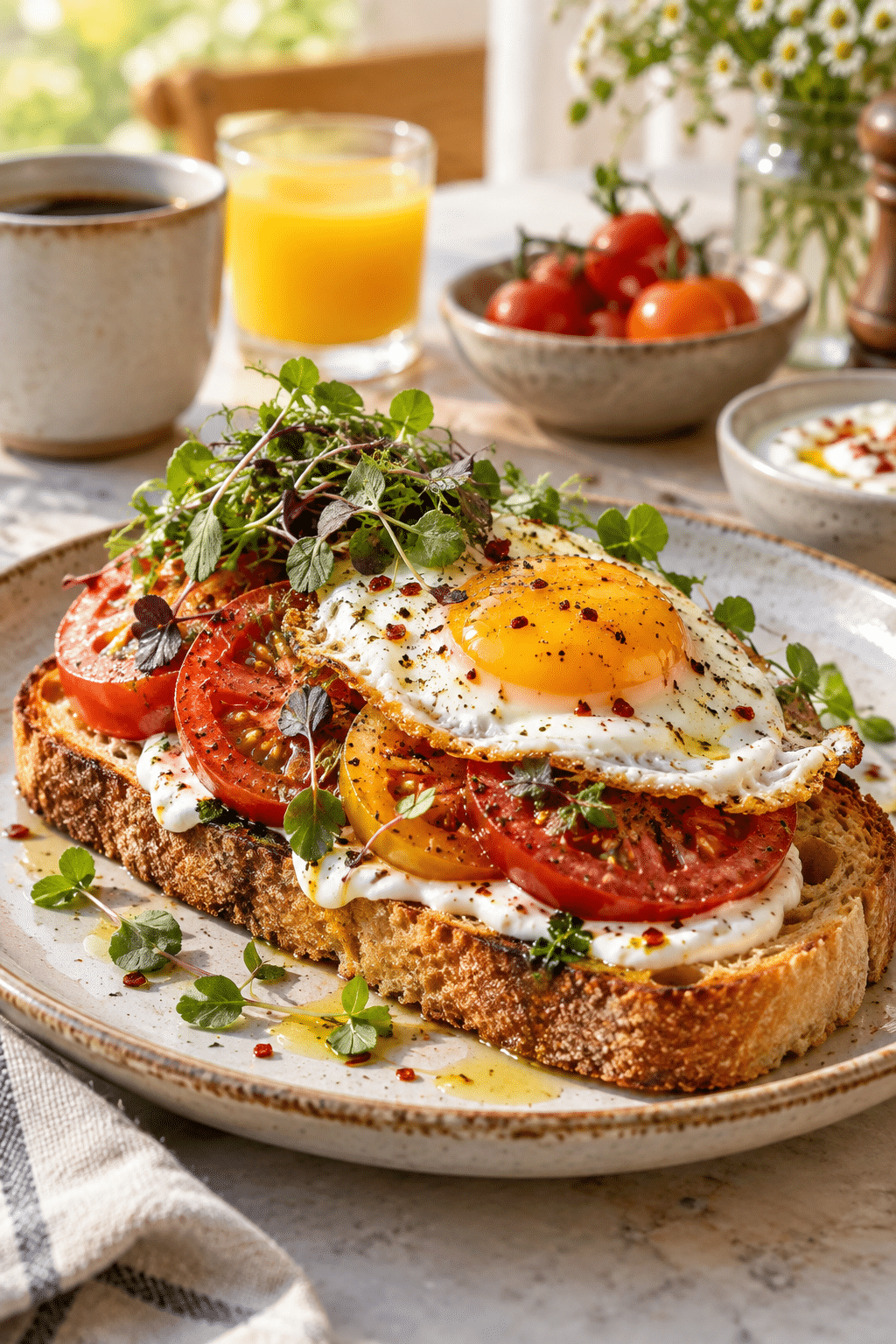 finished tomato breakfast toast with egg and tomatoes