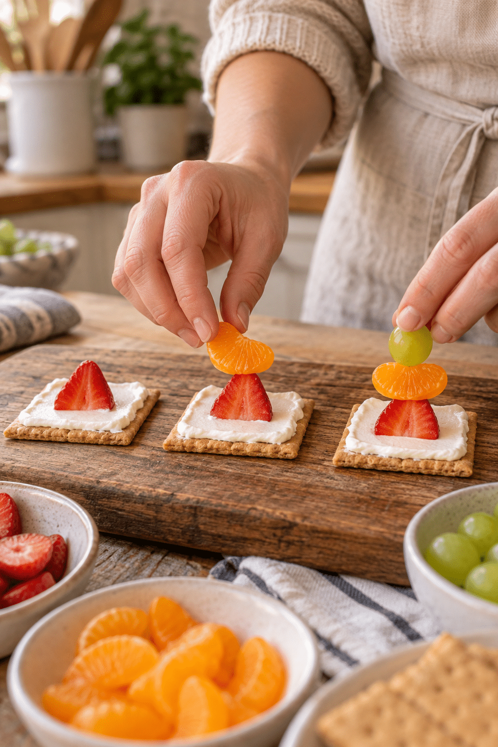 assembling traffic light graham cracker snacks