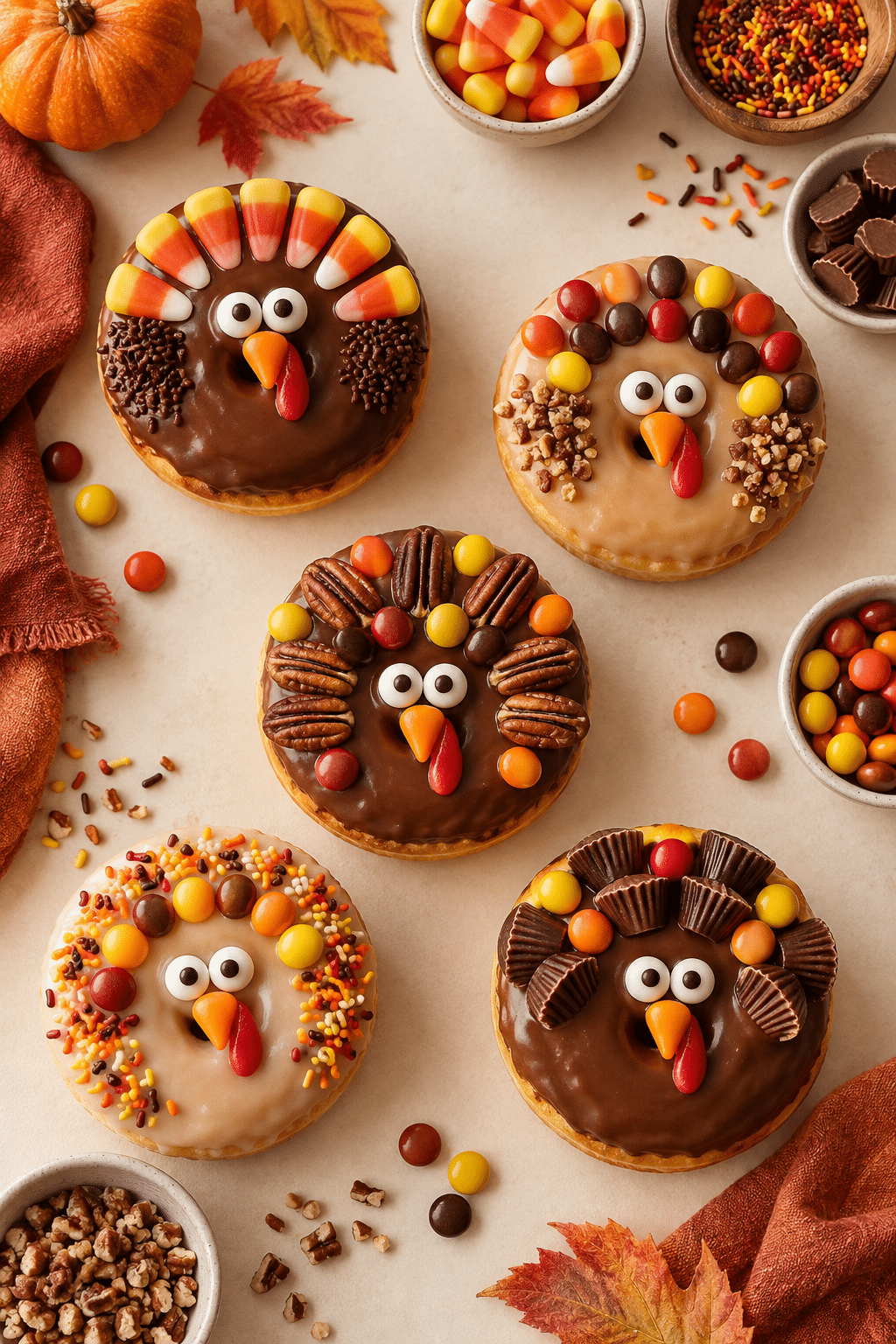 decorating turkey donuts with candy