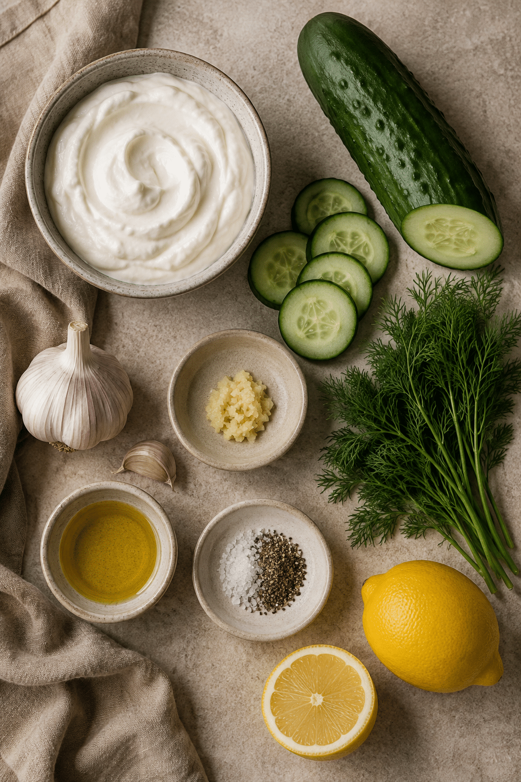 Ingredients measured for tzatziki sauce recipe greek cucumber sauce