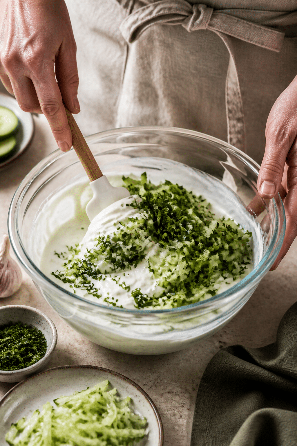 Preparing tzatziki sauce recipe greek cucumber sauce step by step