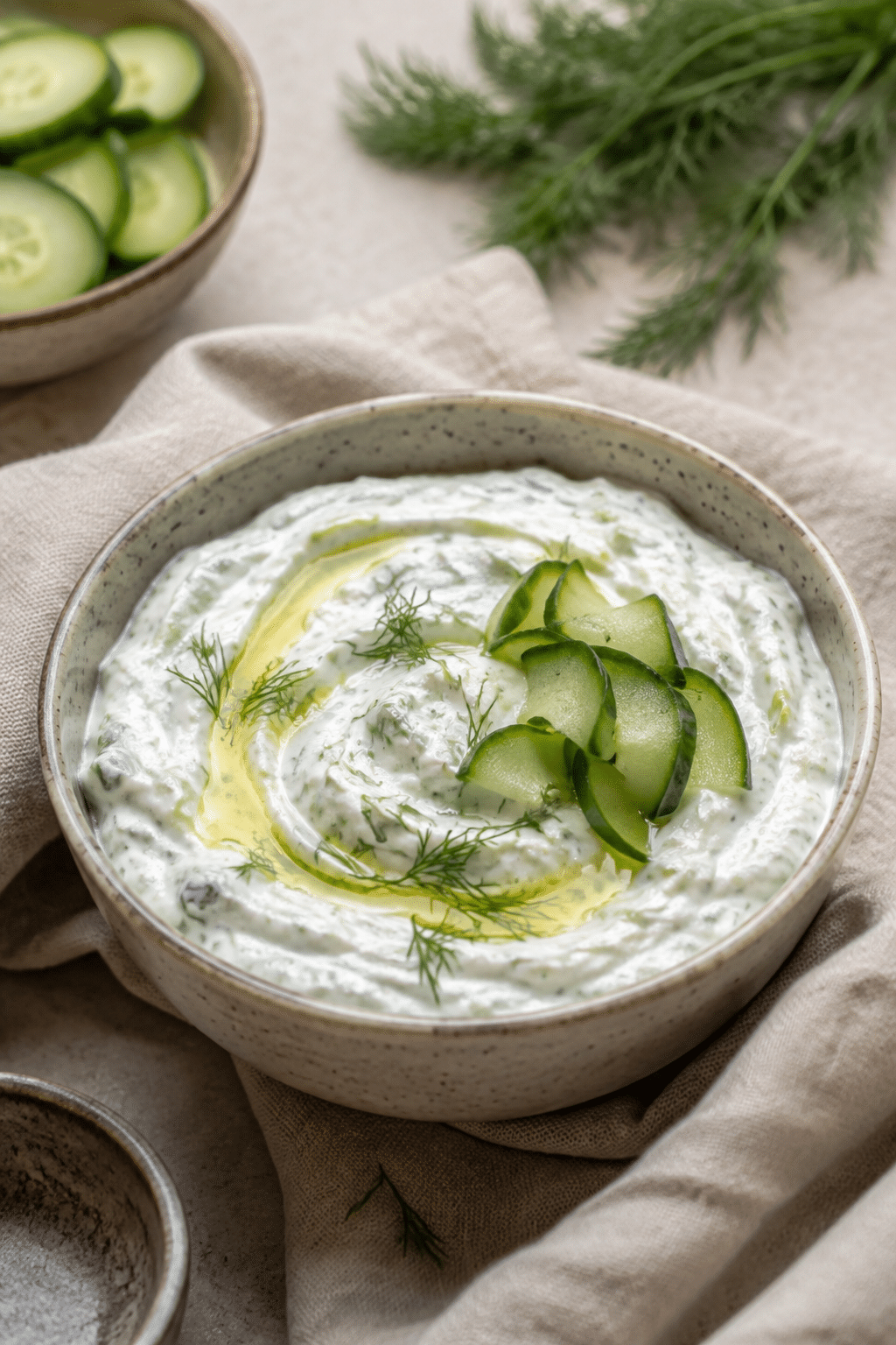 Finished tzatziki sauce recipe greek cucumber sauce shown close up
