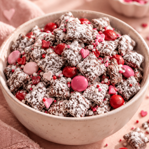 Valentine puppy chow Chex Mix with pink and red candies