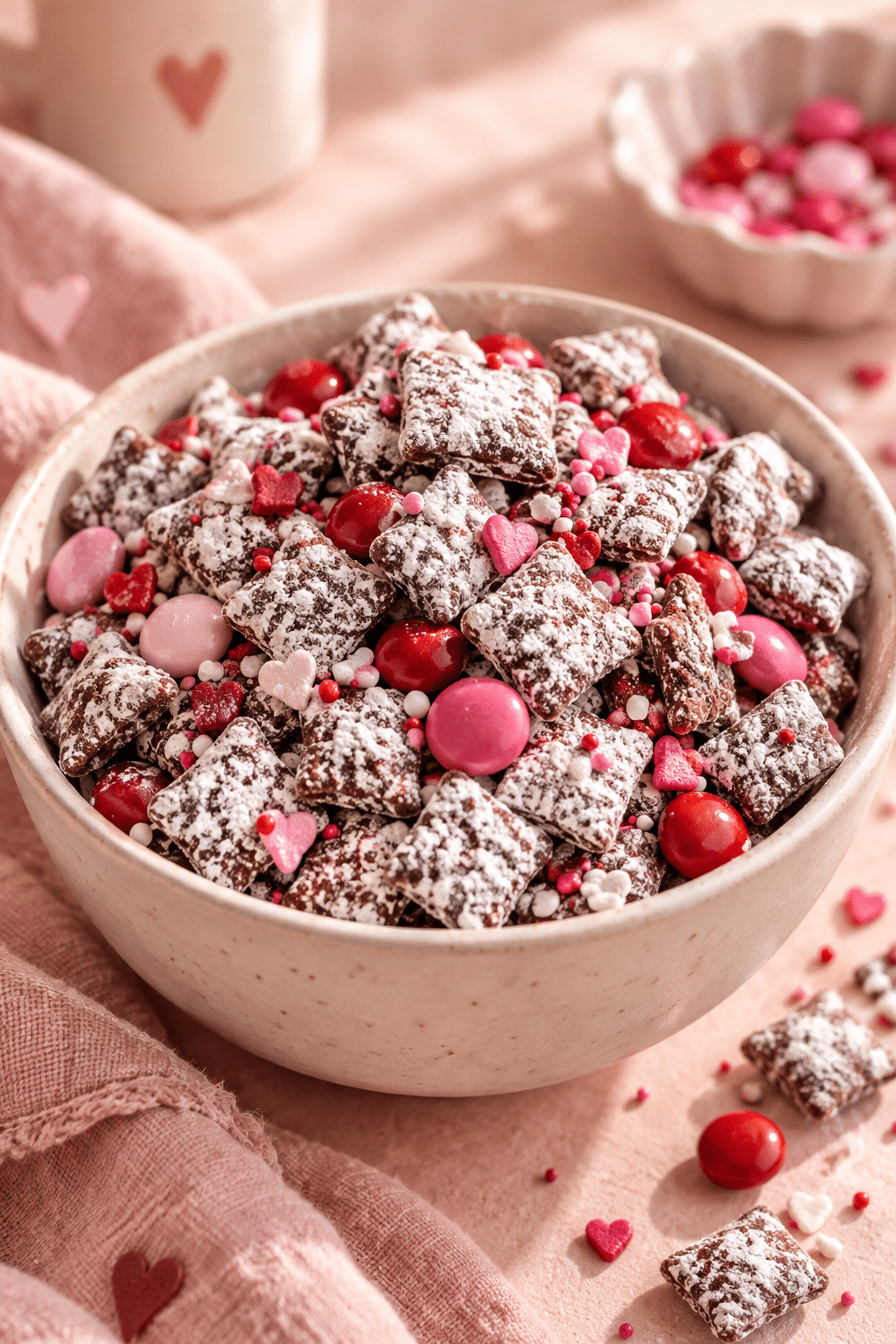 Valentine puppy chow Chex Mix with pink and red candies