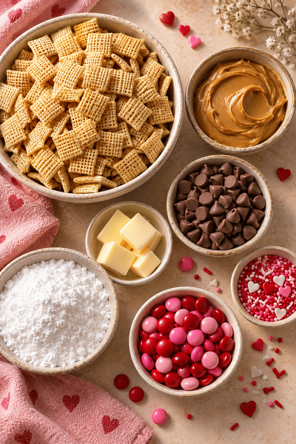 Valentine puppy chow ingredients arranged for mixing