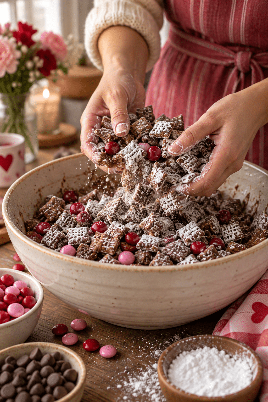 Valentine puppy chow cereal being coated with chocolate mixture