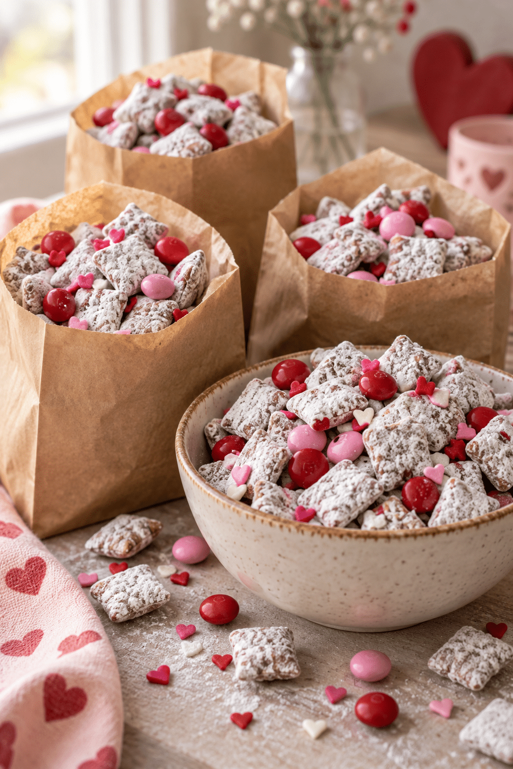 Valentine puppy chow served as a festive snack