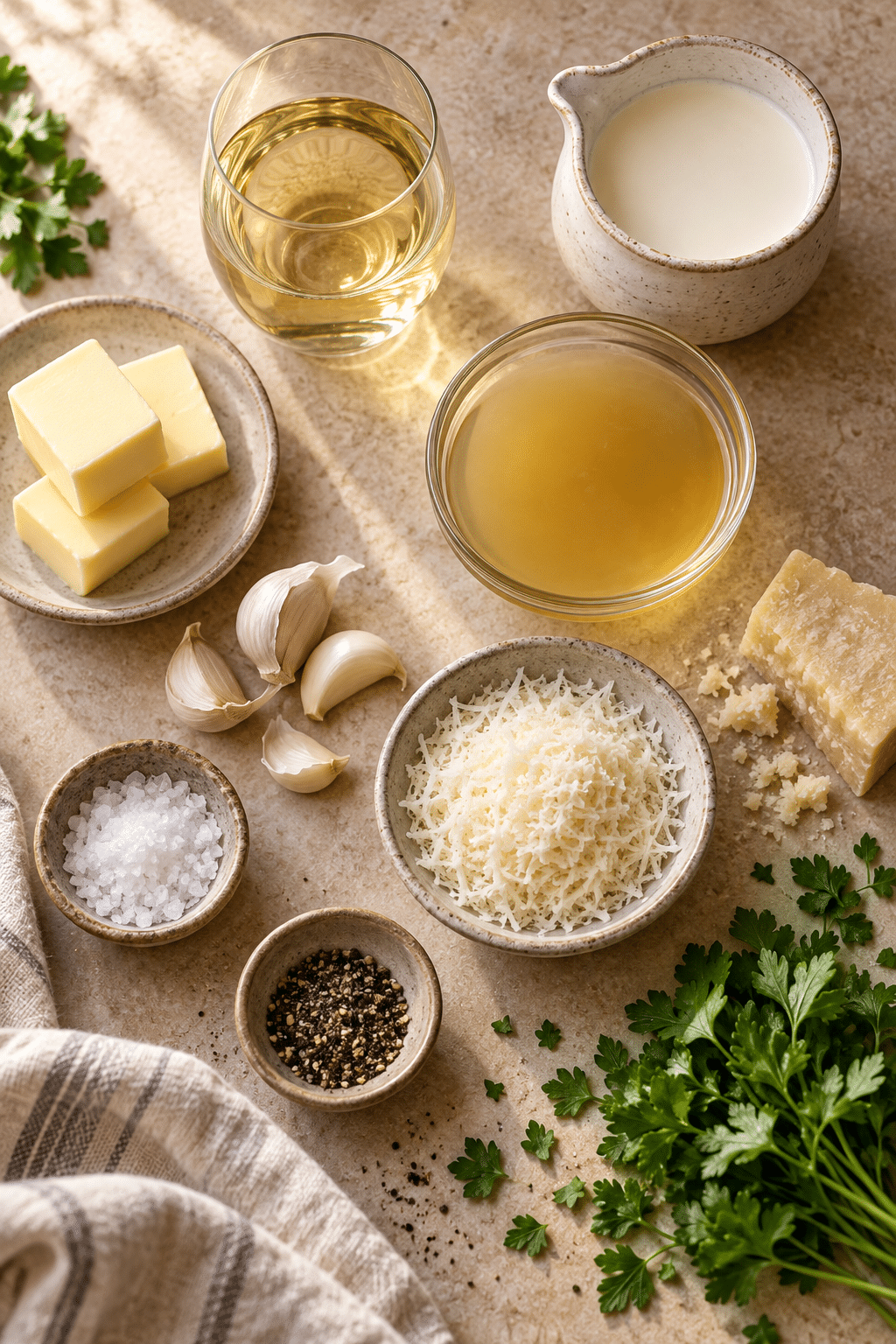 white wine sauce ingredients measured and arranged