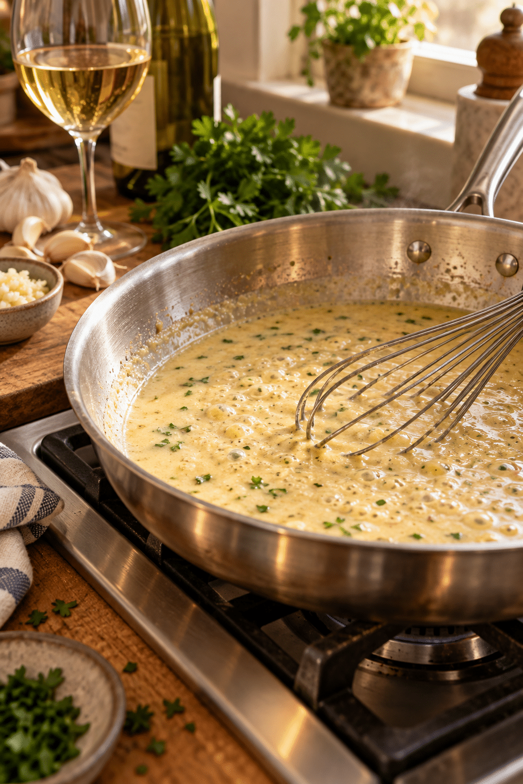 white wine sauce simmering in a skillet during preparation
