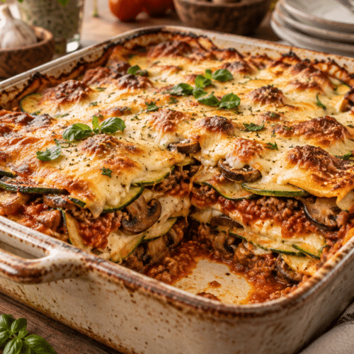 Golden zucchini lasagna in a baking dish