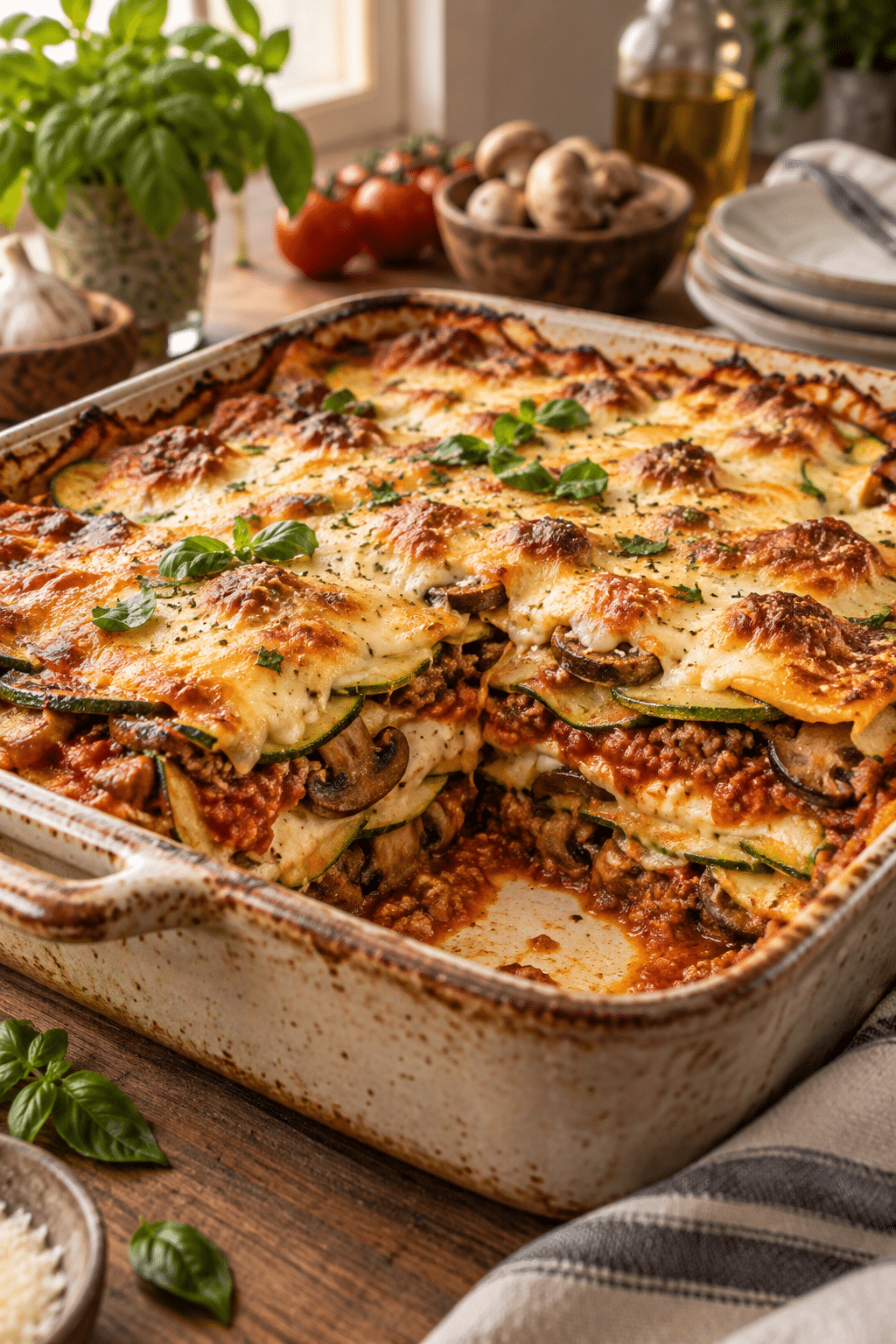 Golden zucchini lasagna in a baking dish