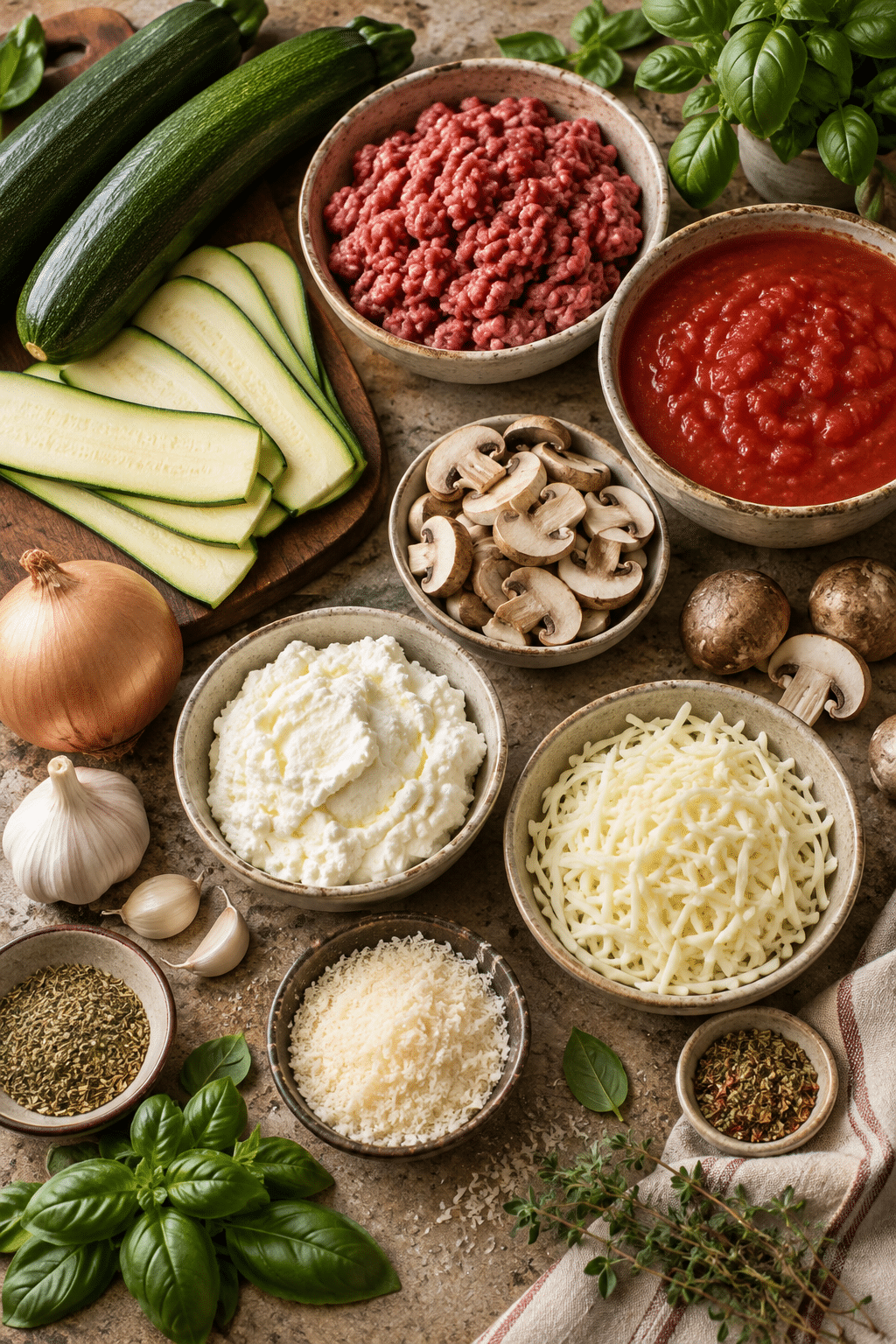 Ingredients for zucchini lasagna arranged on a counter