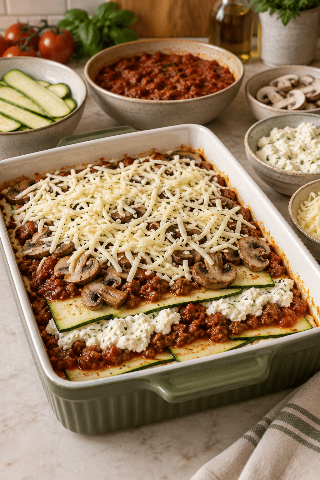 Zucchini lasagna layered in a baking dish before baking