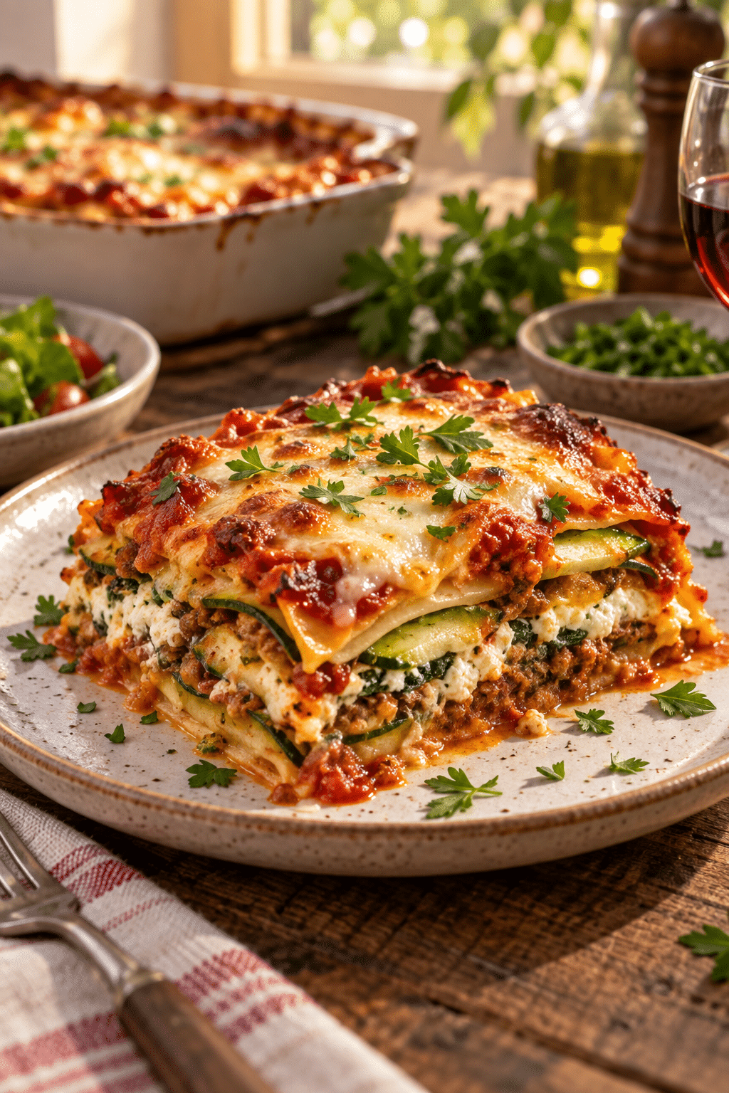 Golden baked zucchini lasagna sliced and ready to serve