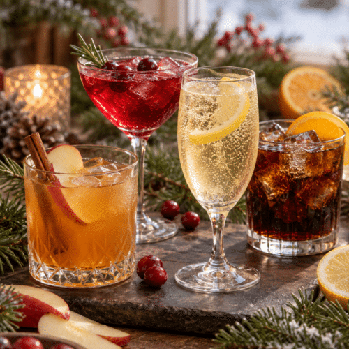 2 ingredient holiday cocktails arranged for a holiday gathering