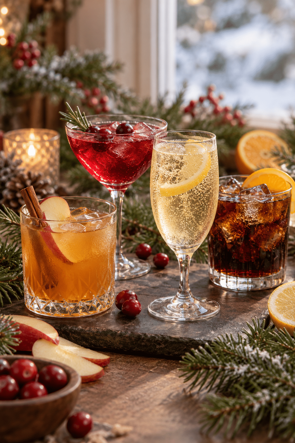 2 ingredient holiday cocktails arranged for a holiday gathering