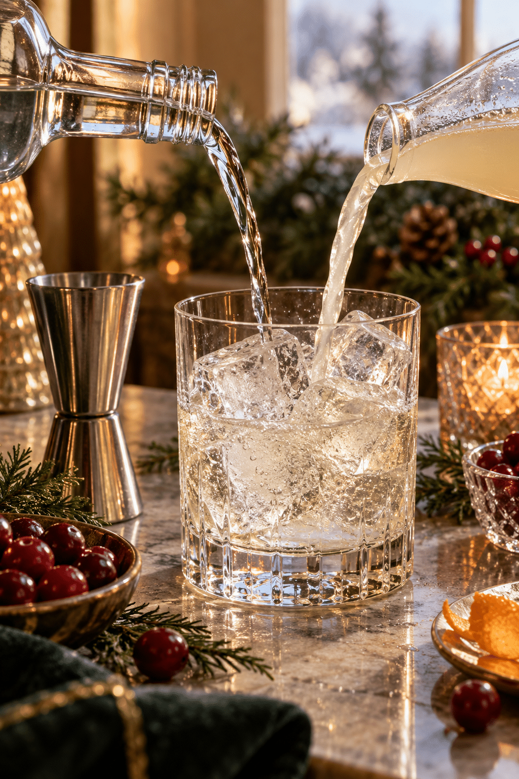 2 ingredient holiday cocktails being mixed over ice