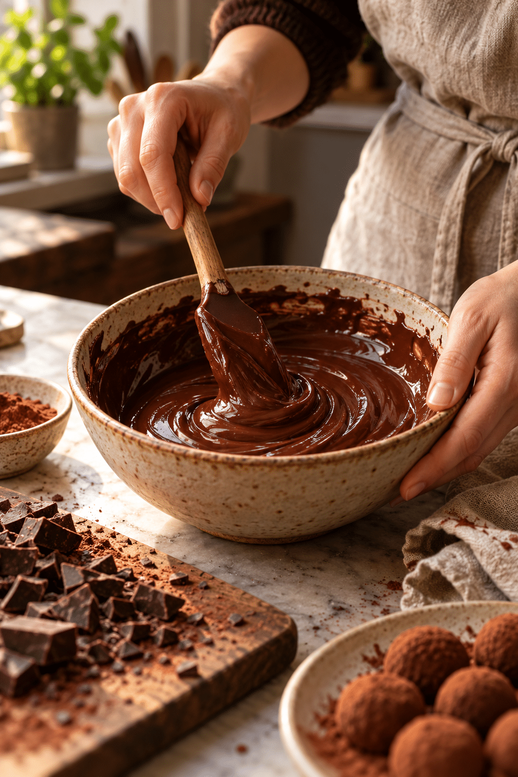 stirring chocolate truffle dough in a small bowl