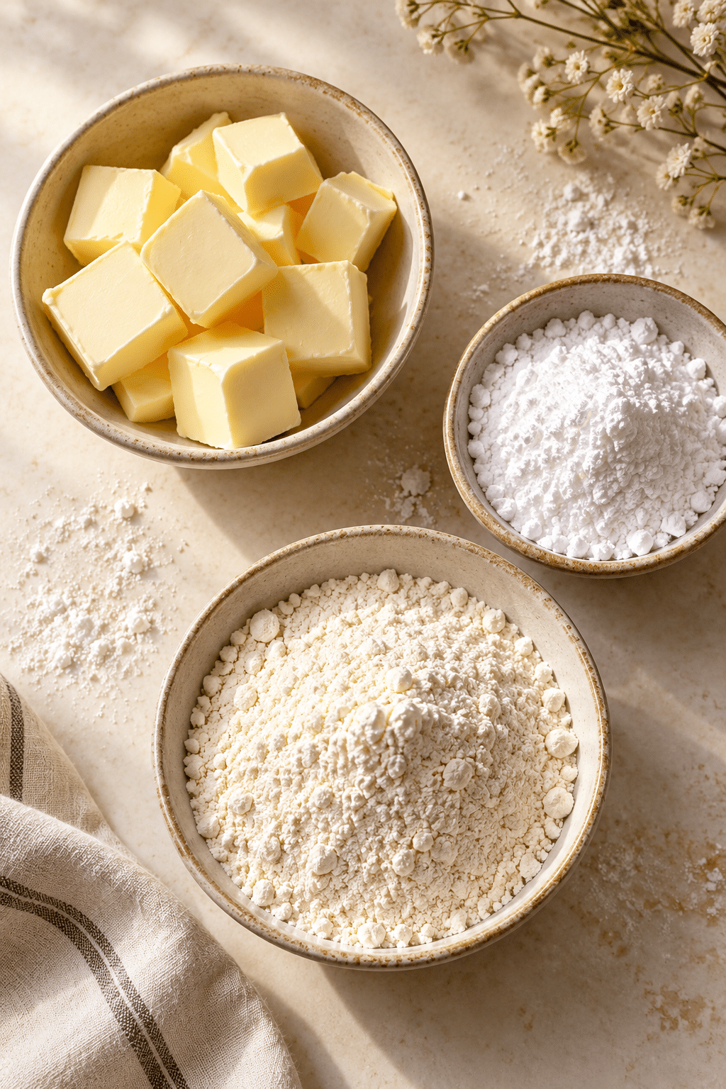 3 ingredient shortbread cookies ingredients measured and arranged