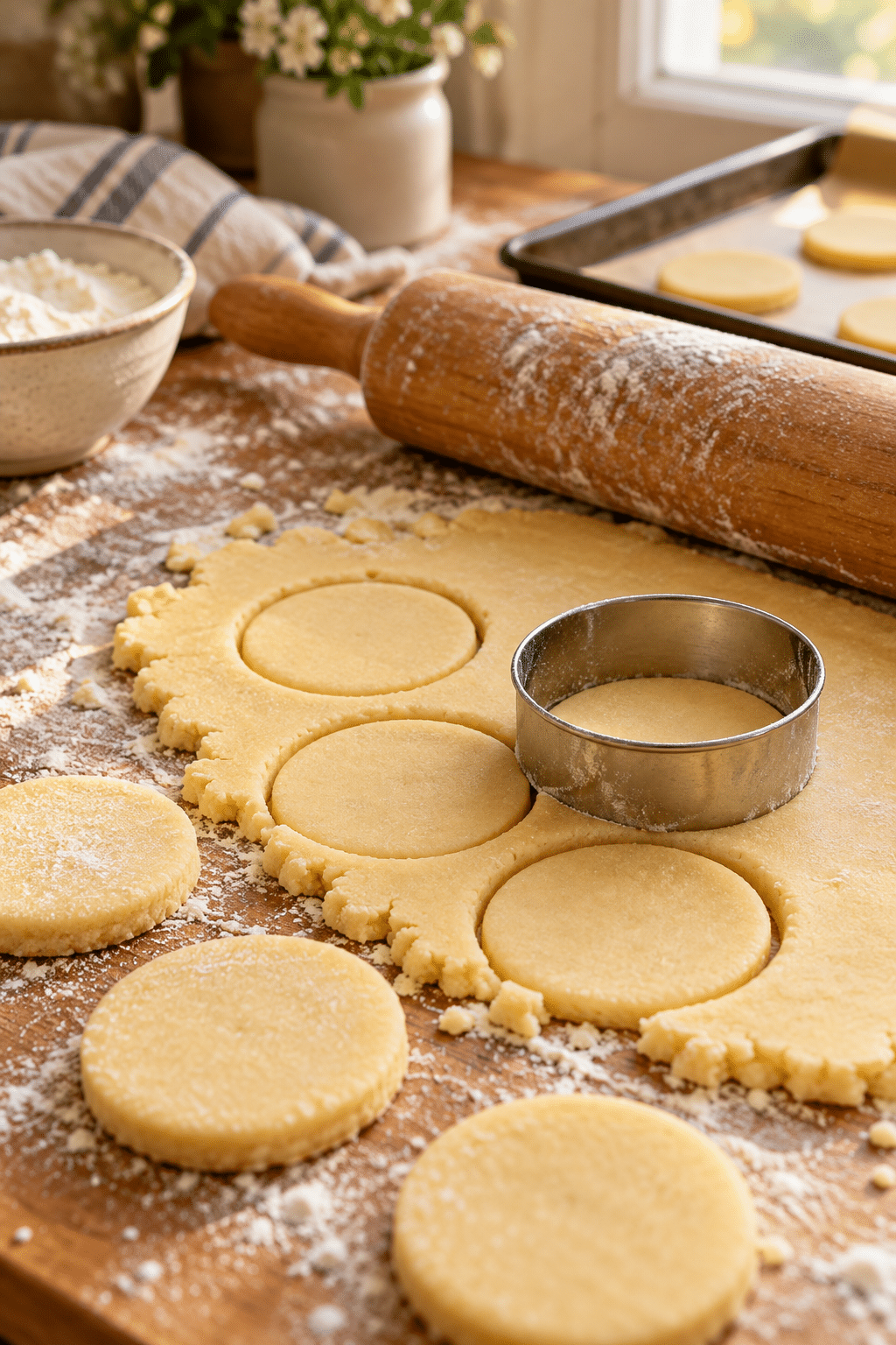 3 ingredient shortbread cookies dough being rolled and cut