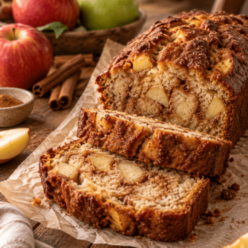 Apple cinnamon bread sliced on a warm editorial table