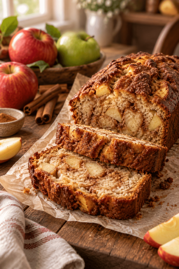 Apple cinnamon bread sliced on a warm editorial table