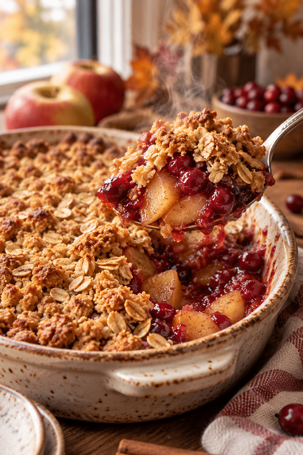 Finished apple cranberry crisp ready to serve