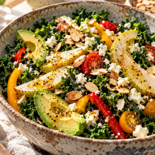 Avocado kale salad with feta and pear
