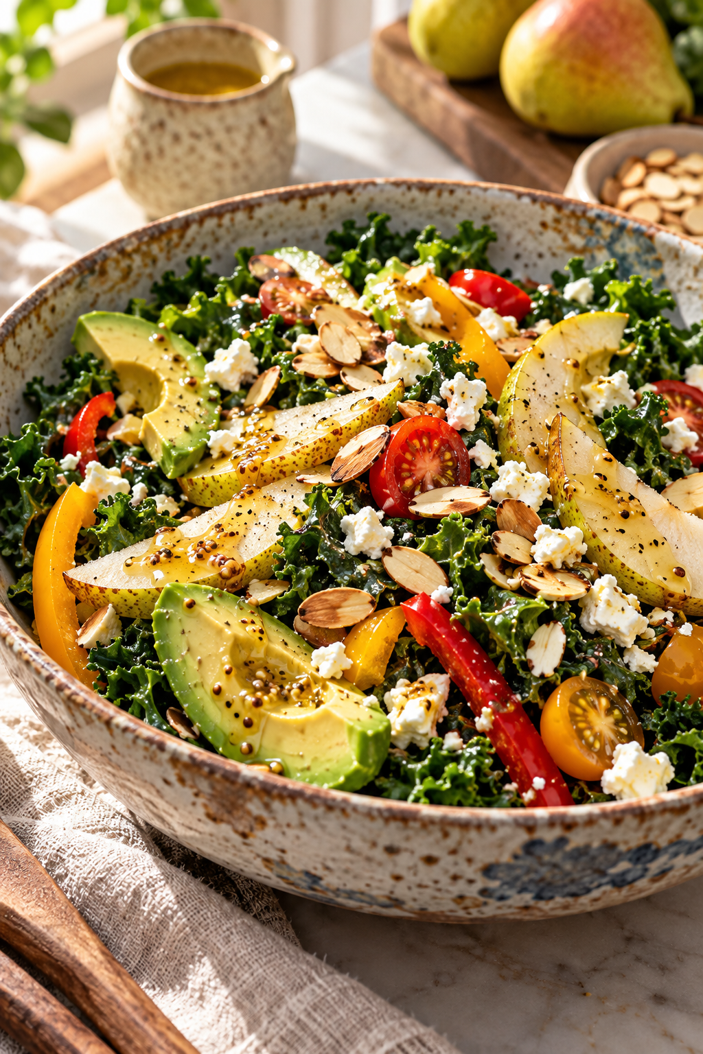 Avocado kale salad with feta and pear