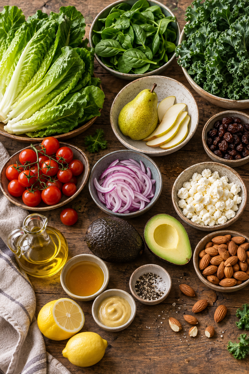Avocado kale salad ingredients arranged for preparation