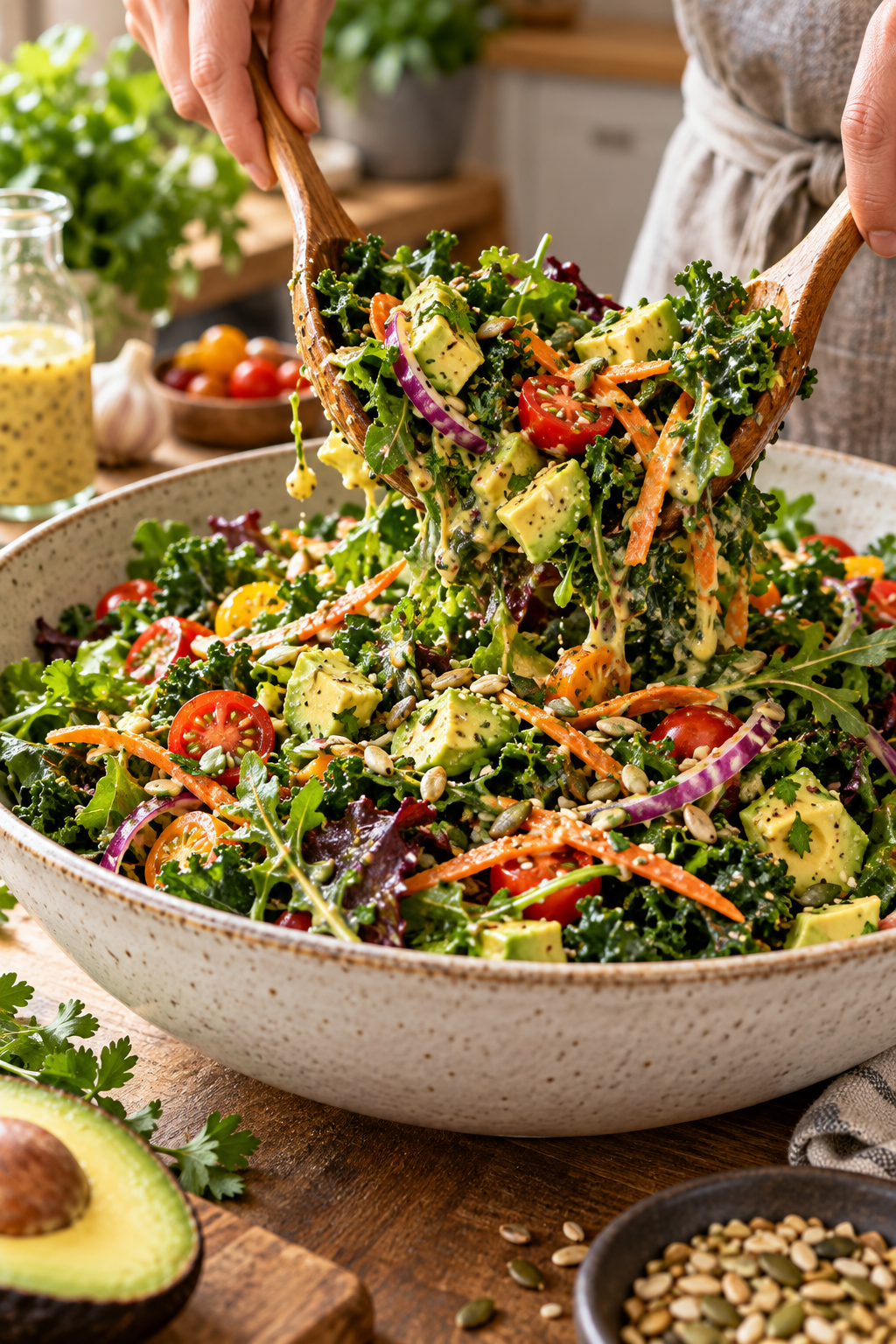 Avocado kale salad being tossed with garlic Dijon vinaigrette