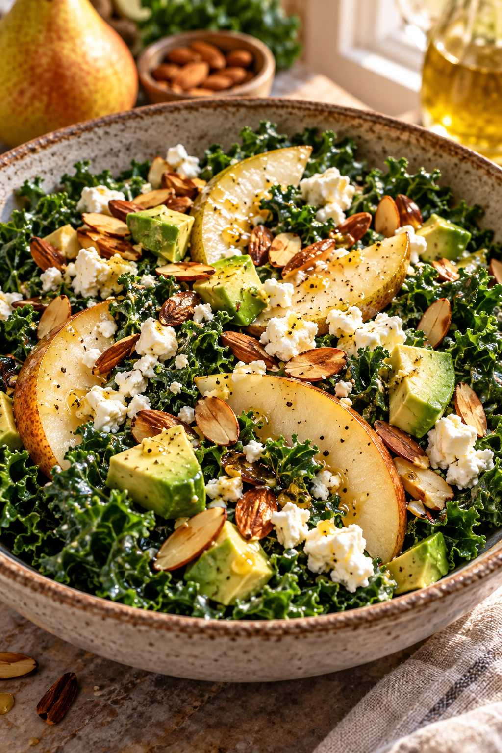Avocado kale salad served with feta, pear, and almonds