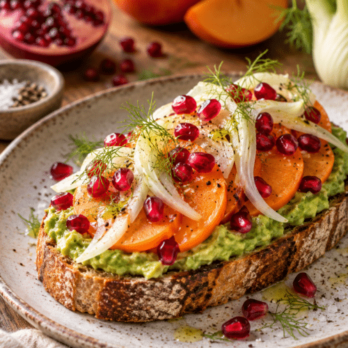 Avocado toast with persimmon, pomegranate and fennel