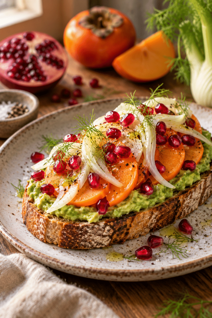 Avocado toast with persimmon, pomegranate and fennel