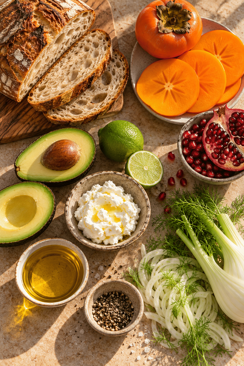 Ingredients for avocado toast with persimmon arranged on a counter