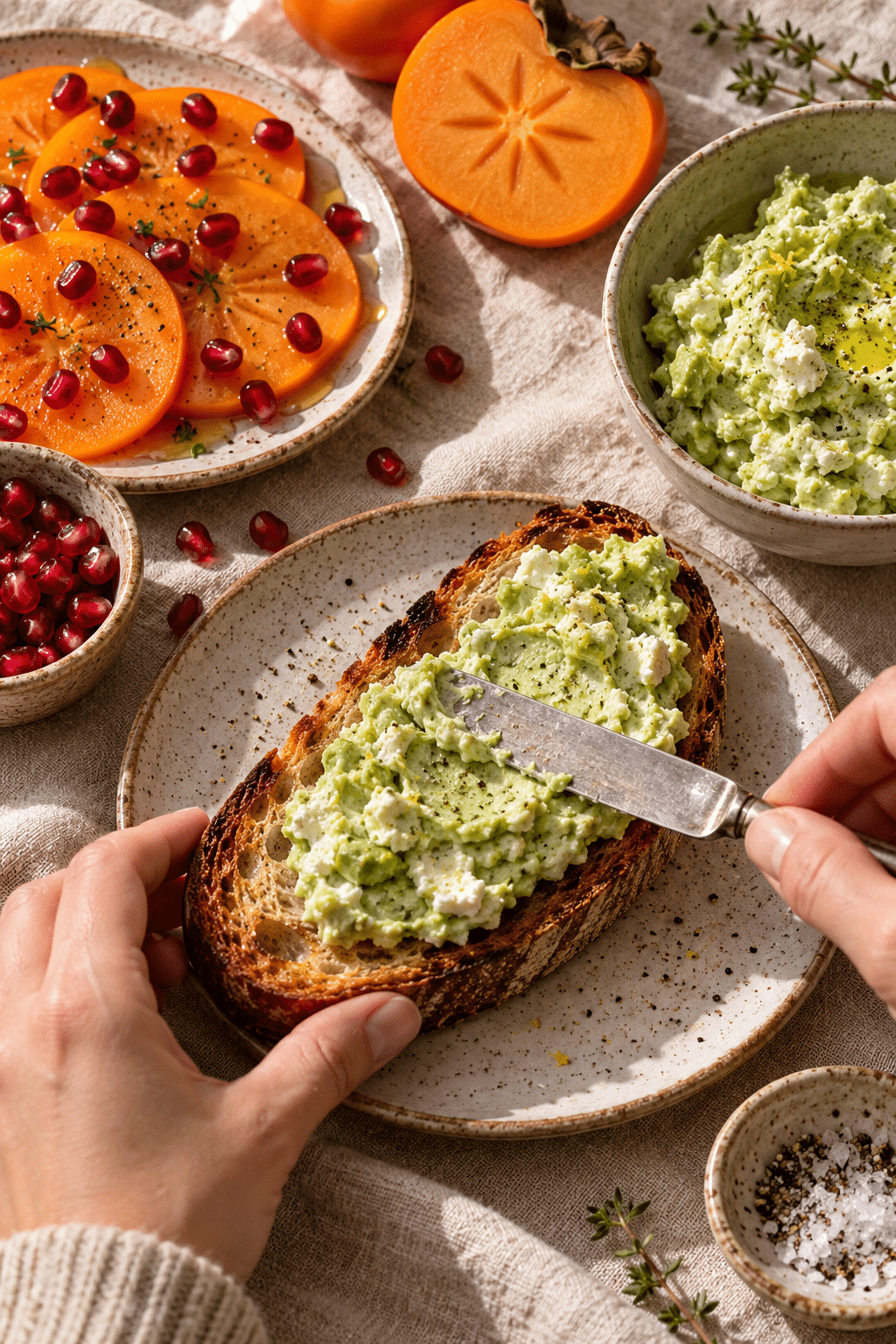 Spreading avocado and goat cheese onto toast for avocado toast with persimmon