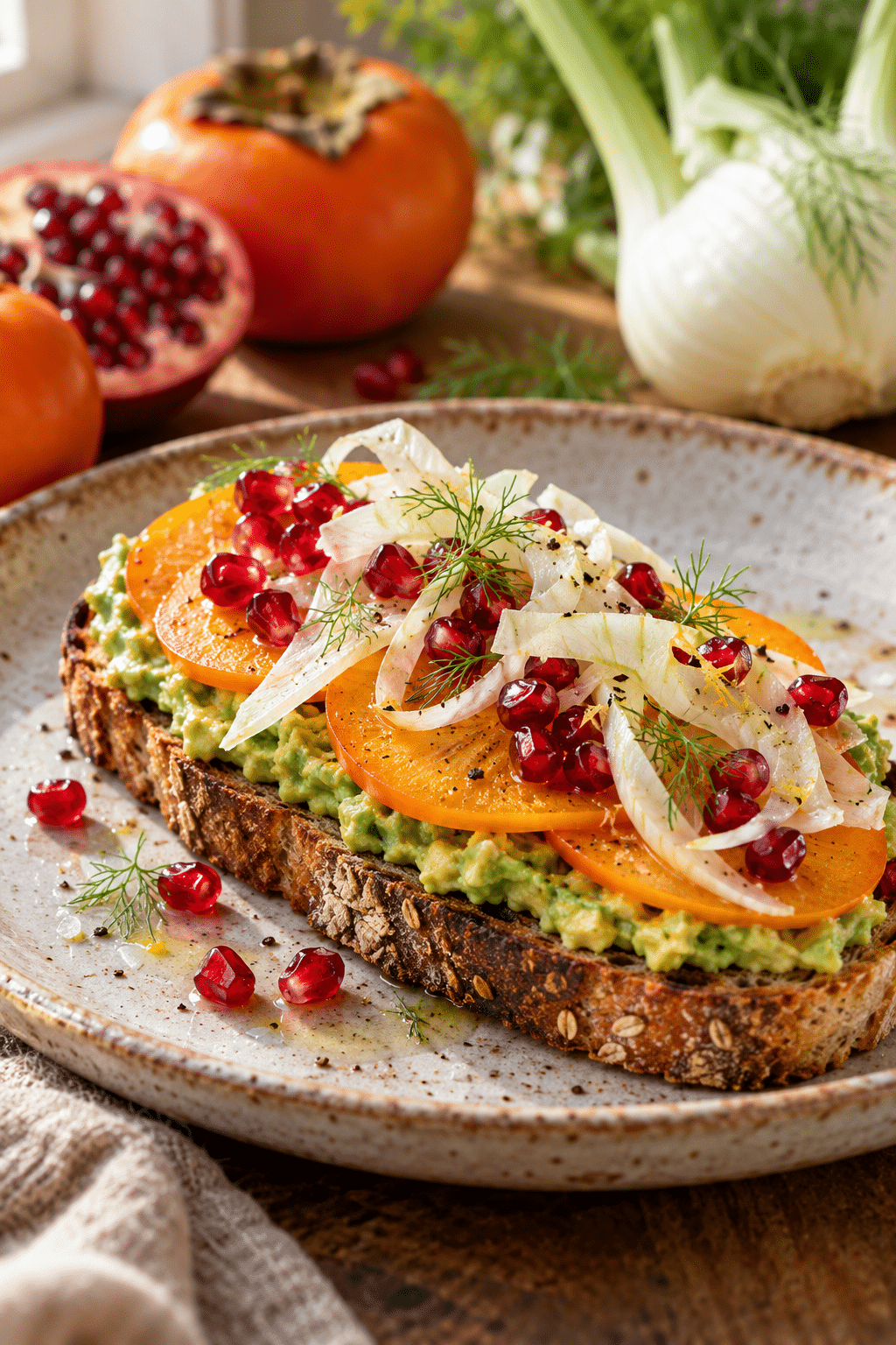 Avocado toast with persimmon topped with pomegranate and fennel