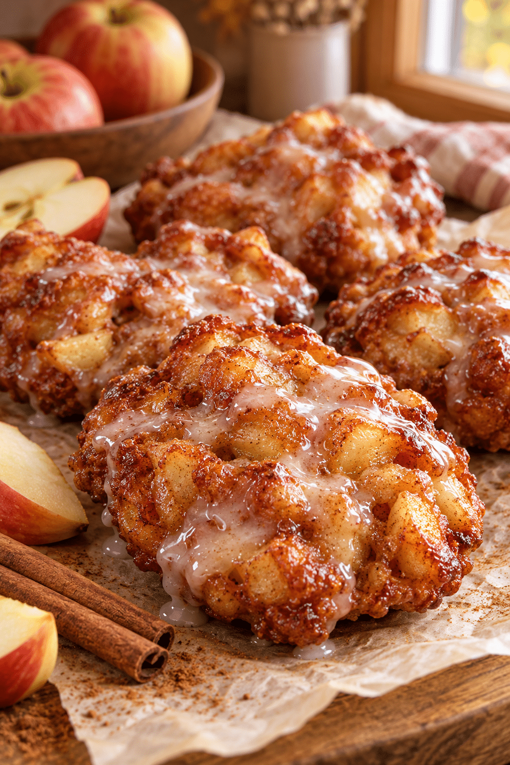 Baked apple fritters with golden glaze