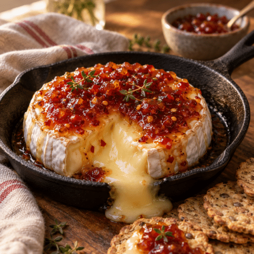 baked brie with jam in a skillet