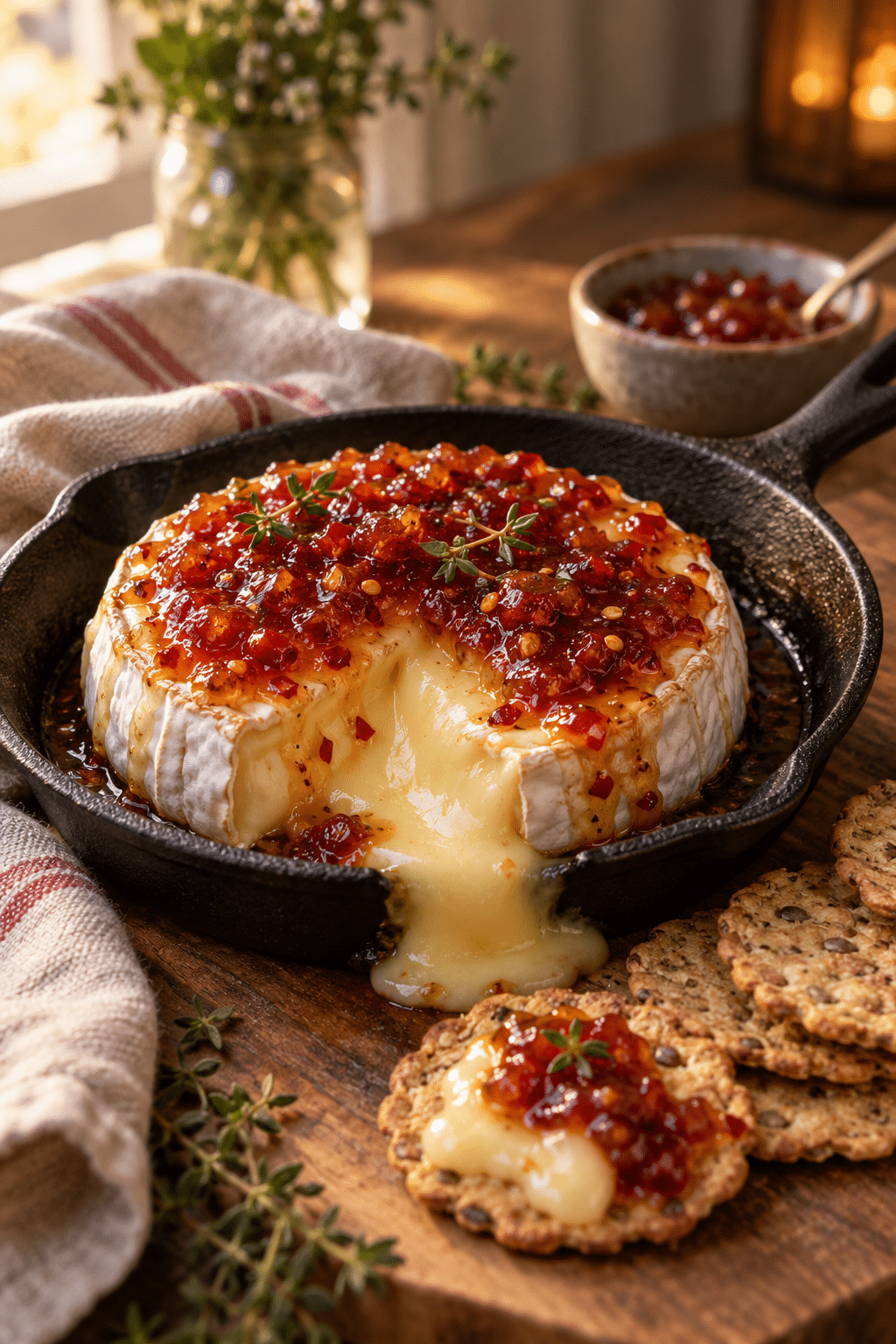baked brie with jam in a skillet