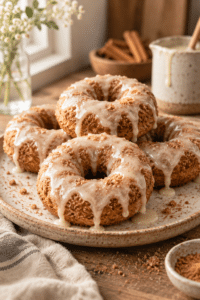 Baked cinnamon doughnuts with vanilla glaze