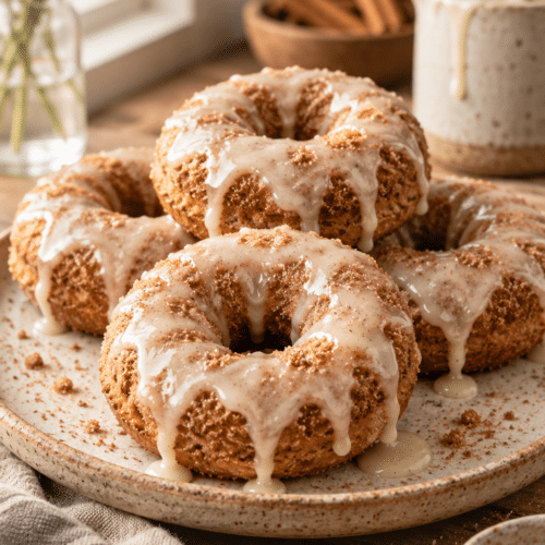 Baked cinnamon doughnuts with vanilla glaze
