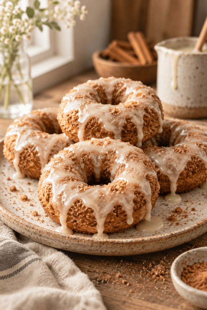 Baked cinnamon doughnuts with vanilla glaze