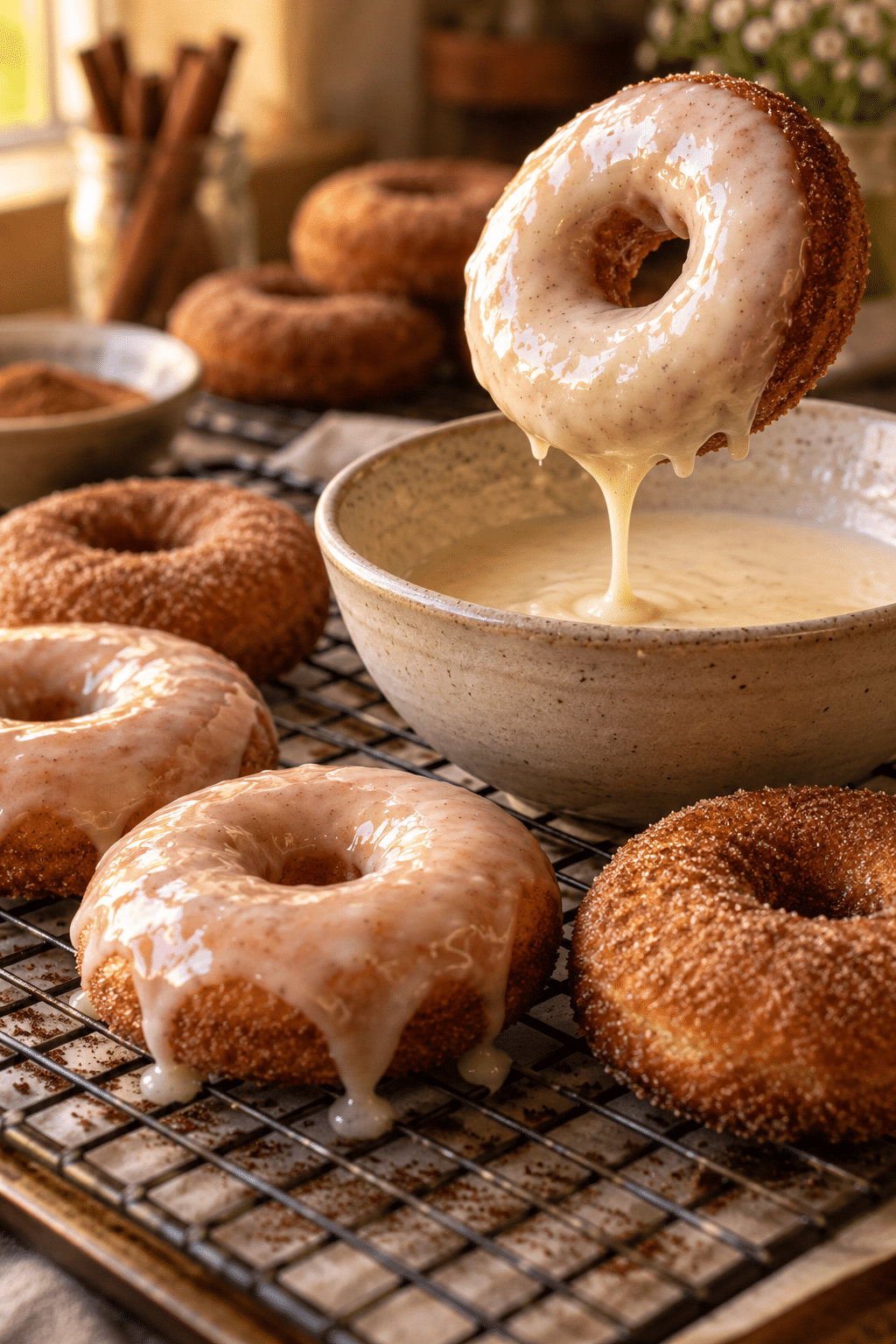 Baked cinnamon doughnuts being glazed