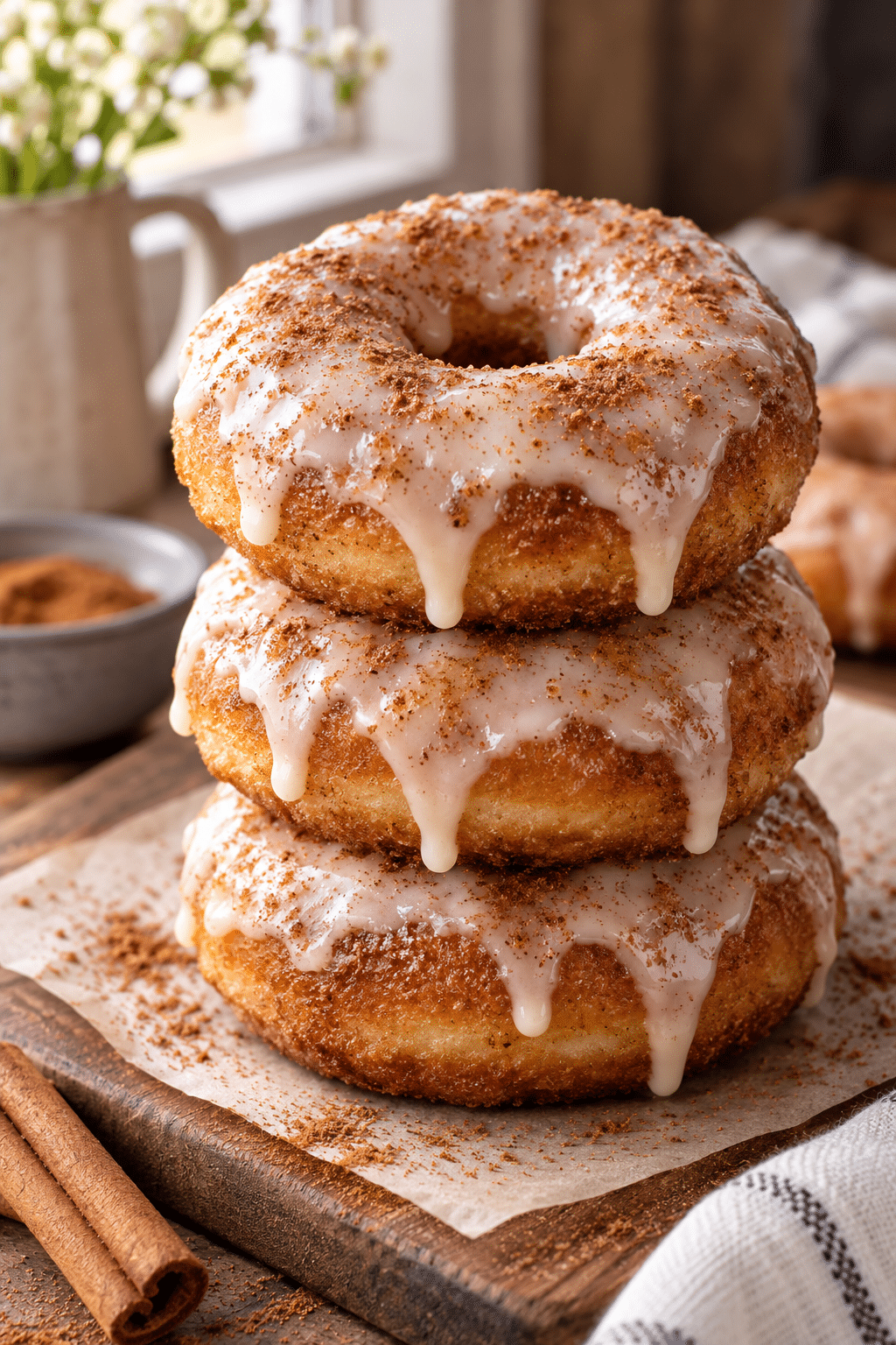 Finished baked cinnamon doughnuts with vanilla glaze
