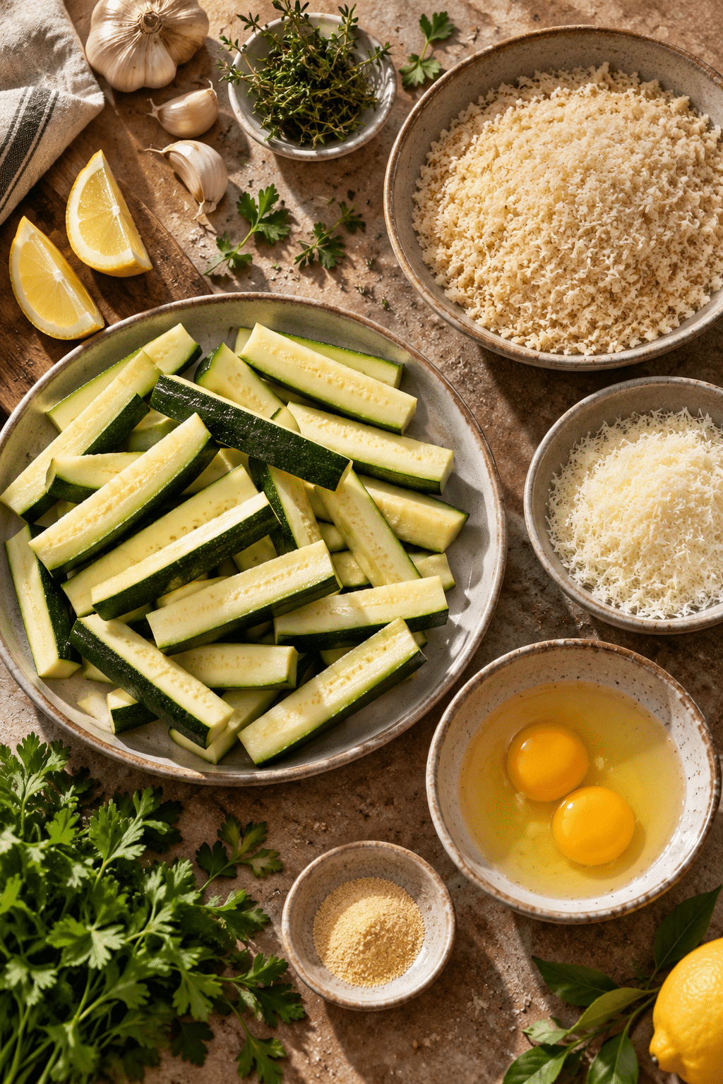baked zucchini fries ingredients arranged