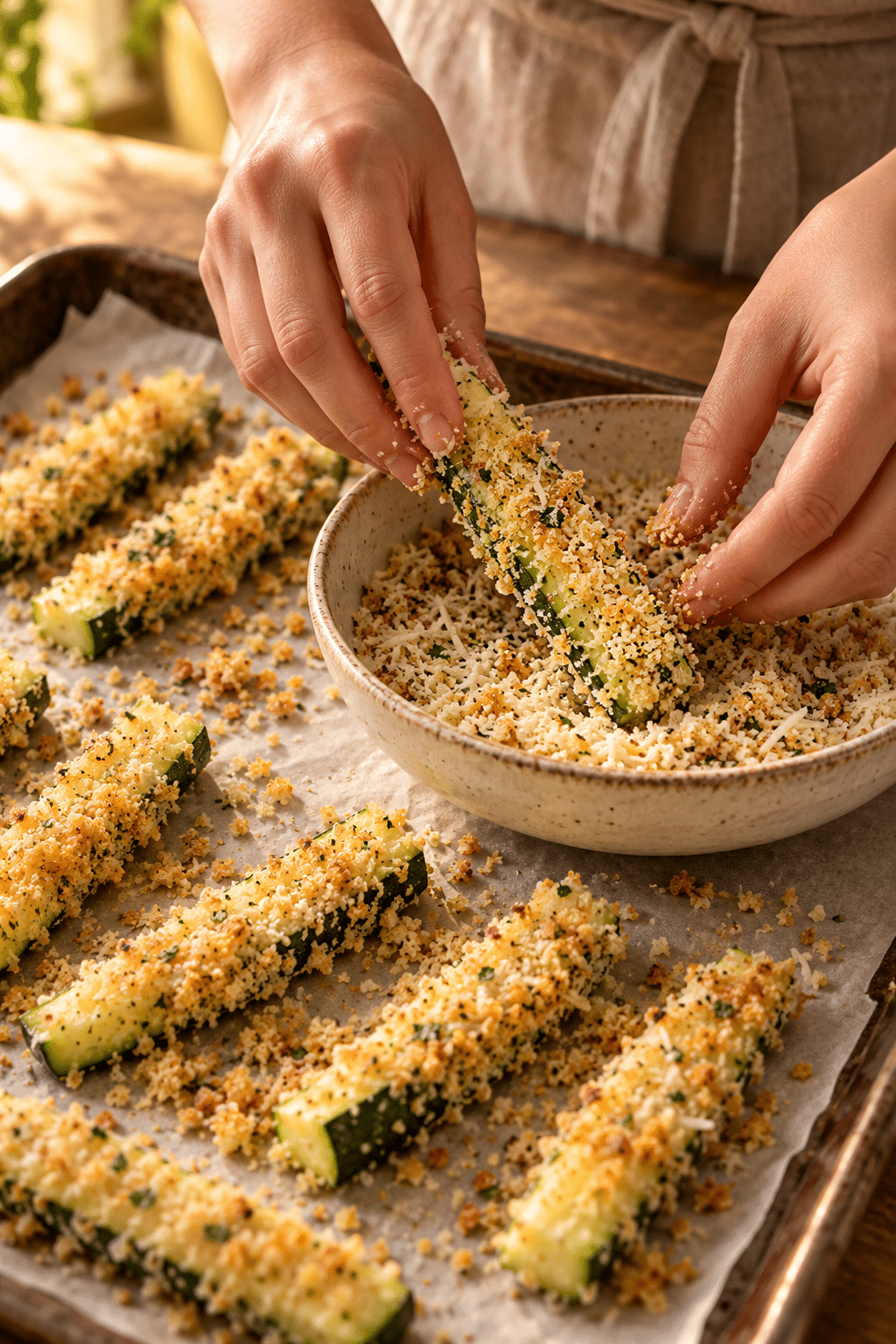baked zucchini fries being coated and prepared