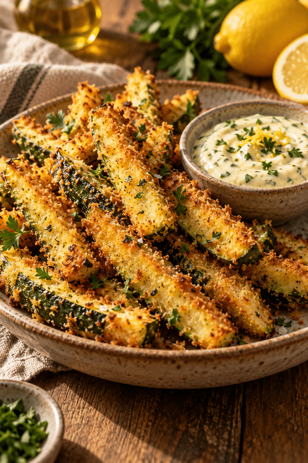 baked zucchini fries served with lemon parsley aioli