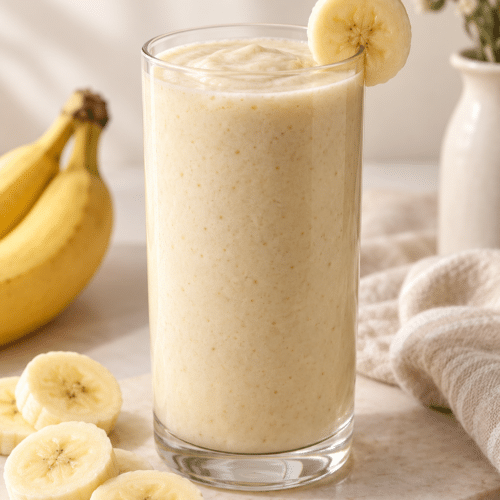thick banana smoothie in a glass