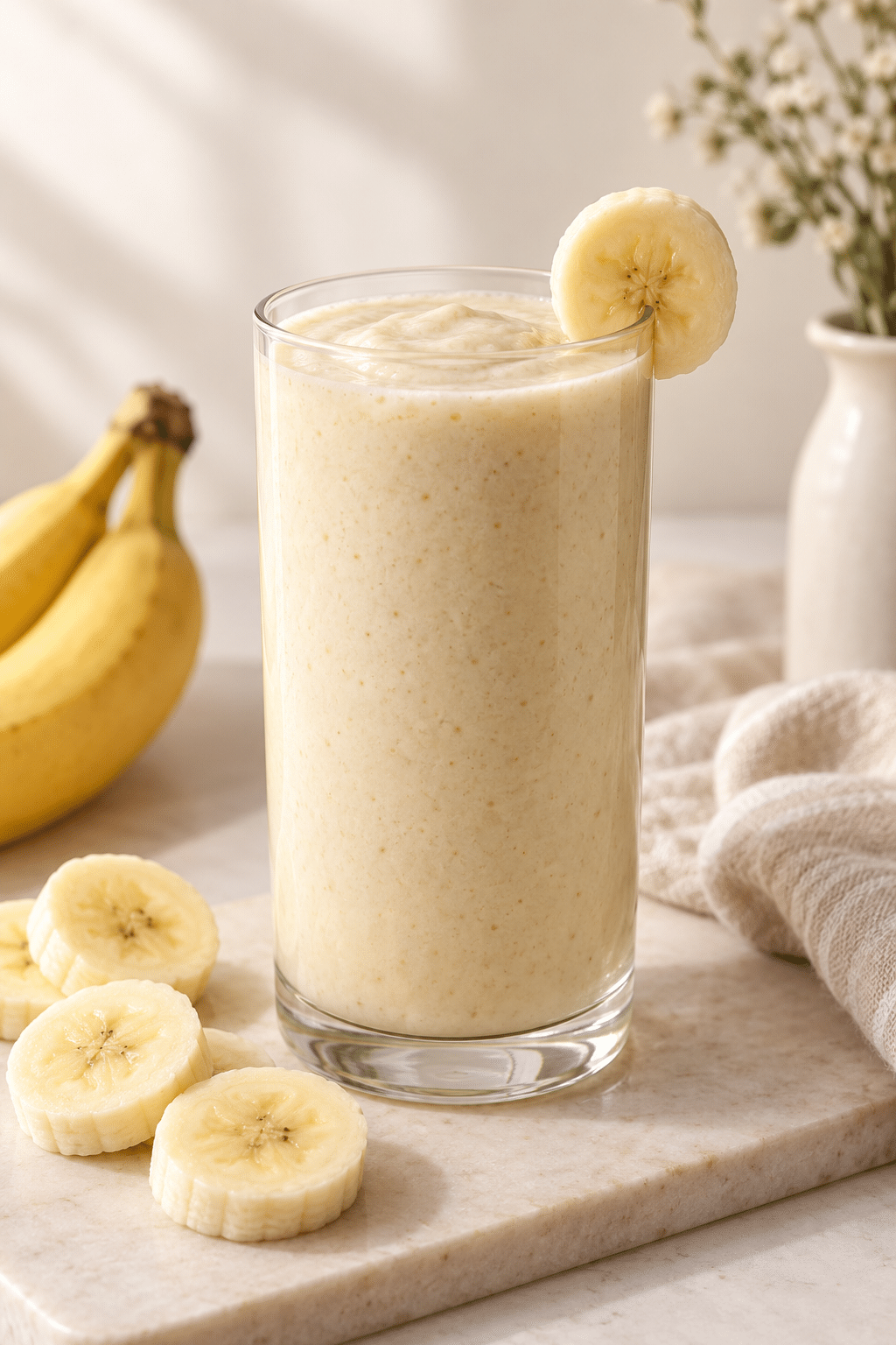 thick banana smoothie in a glass